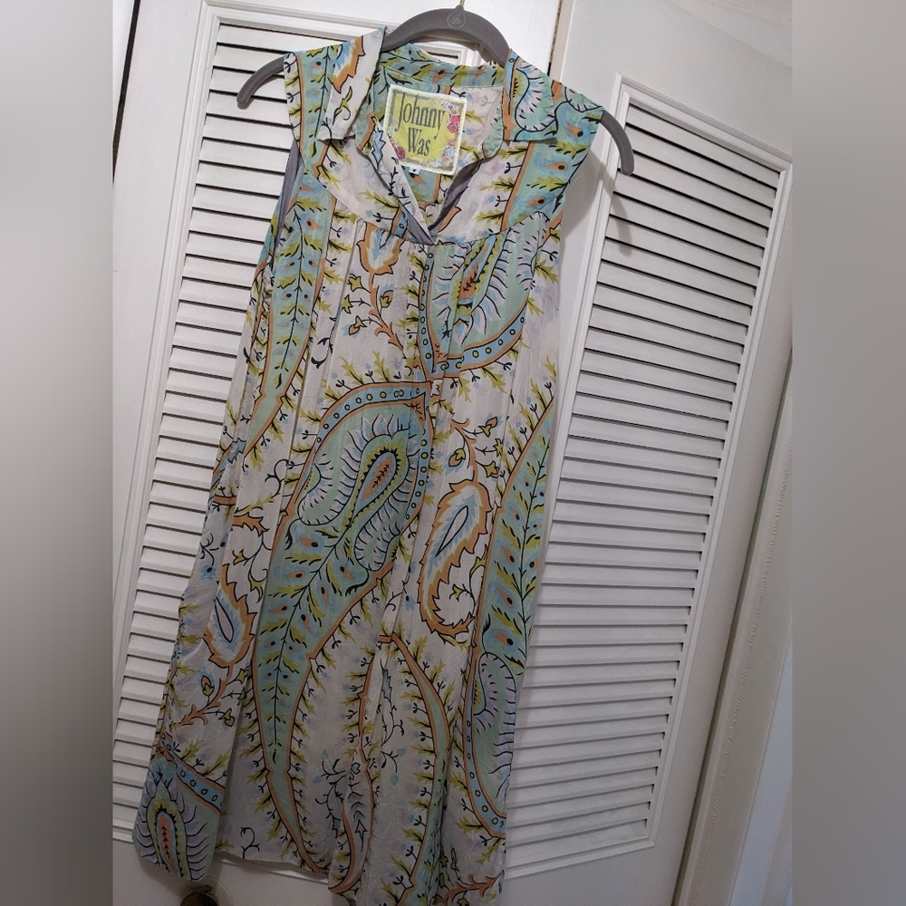 Johnny Was small rayon  a-line dress multicolor sleeveless pockets